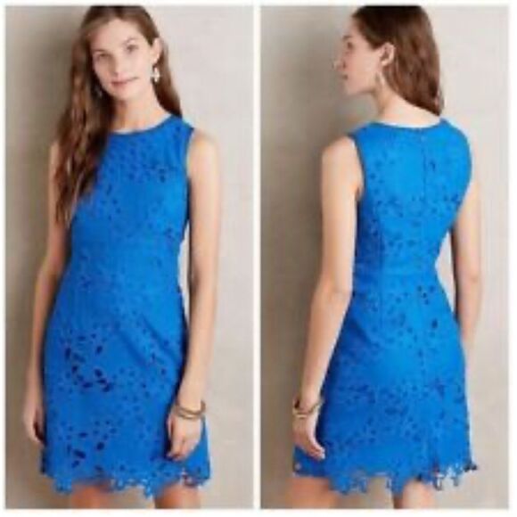 Maeve Anthropologie Arette Eyelet Lace Floral Sheath Dress in Blue Sz SP NEW - Picture 1 of 13